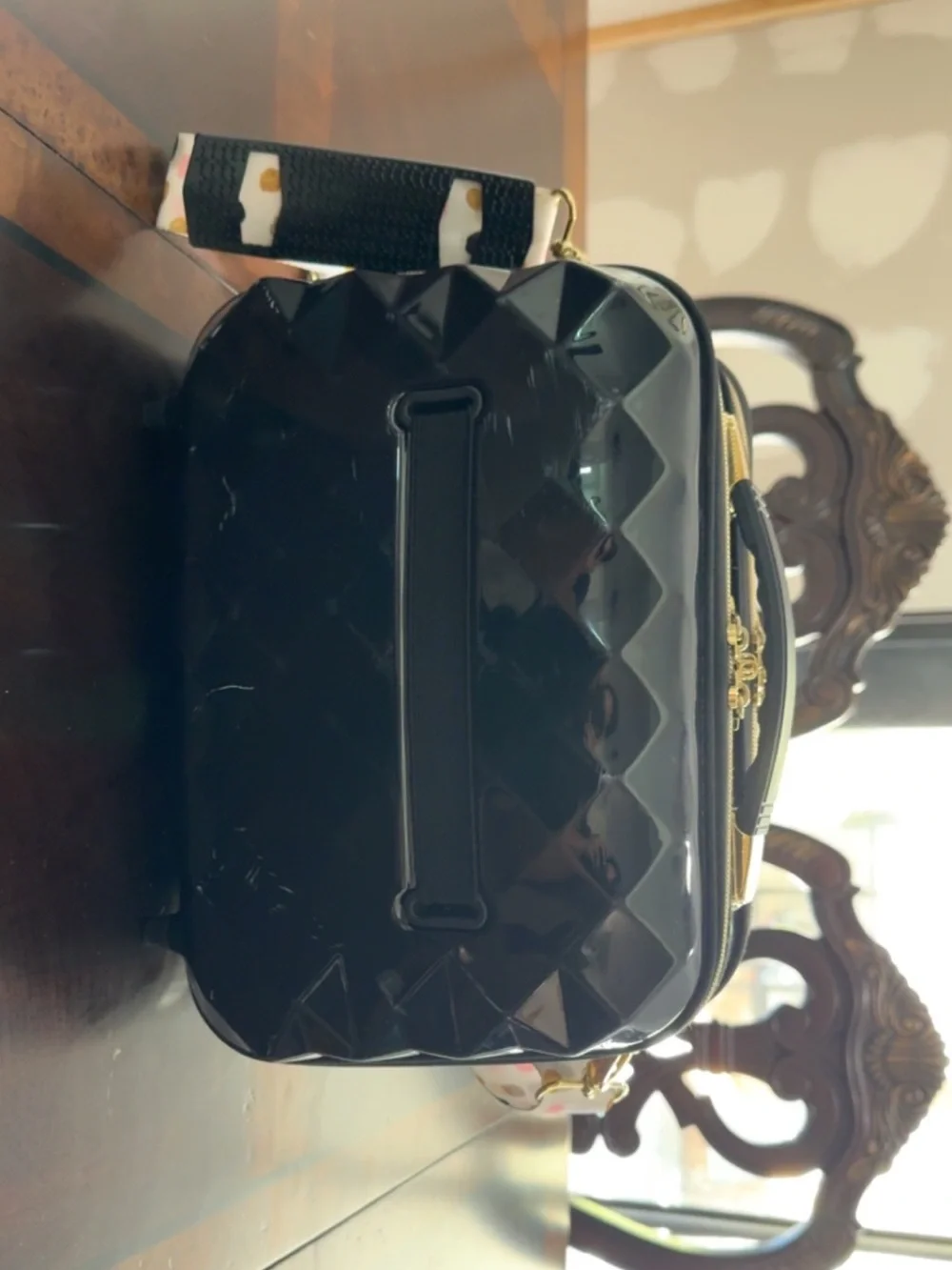 Black Quilted Crossbody Makeup Bag with Polka Dot Strap & Interior